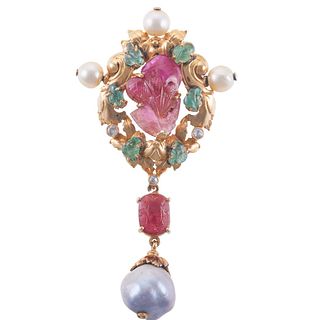 18k Gold Carved Ruby Emerald Pearl Diamond Brooch Pin