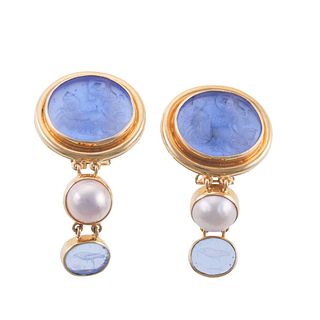 Elizabeth Locke Gold Venetian Glass Intaglio Pearl Earrings