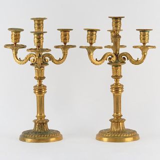 Pair 19th Century Louis XVI Style Gilt Bronze 3 Branch Candelabra