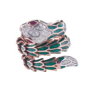 Alexis NY 18k Gold Silver Enamel Ruby Diamond Snake Wrap Coil Ring
