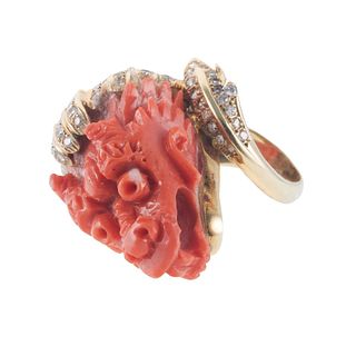 14k Gold Carved Coral Dragon Diamond Ring