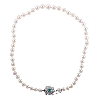 Antique Platinum Diamond Emerald Pearl Necklace