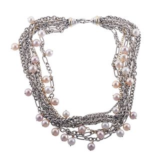 David Yurman Silver 18k Gold Pearl Multi Chain Necklace