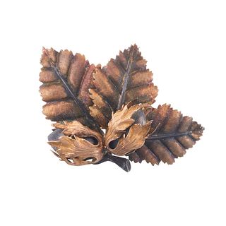 18k Gold Acorn Leaf Brooch Pin