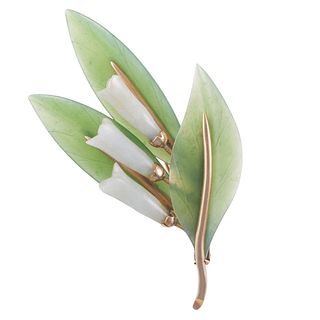 Gumps 14k Gold Carved Jade Lily of the Valley Brooch