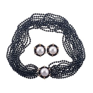 Gump's 18k Gold Black Jade Diamond Mabe Pearl Necklace Earrings Set