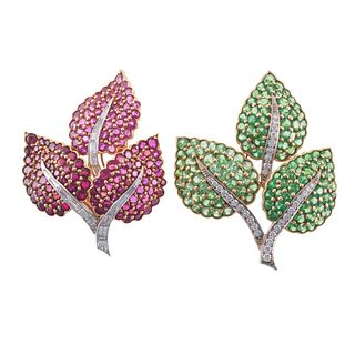 18k Gold Ruby Tsavorite Diamond Leaf Brooch Set of 2