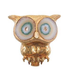 18k Gold Gemstone Owl Brooch Pin