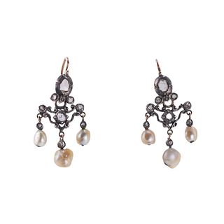Antique Gold Silver Natural Pearl Diamond Drop Earrings