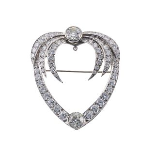 Art Deco Platinum 9ctw Old European Diamond Heart Brooch
