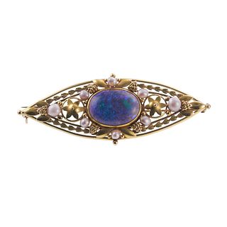 Arts & Crafts 18k Gold Black Opal Pearl Brooch Pin