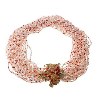1970s 18k Gold Pearl Coral Diamond Multi Strand Necklace Brooch