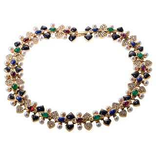 18k Gold Diamond Multi Gemstone Pearl Necklace