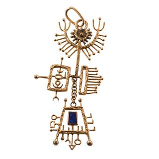 18k Gold Lapis Aztec Motif Pendant