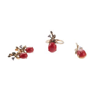 14k Gold Diamond Coral Earrings Ring Pendant Set
