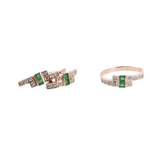 14k Gold Diamond Emerald Ring Earrings Set