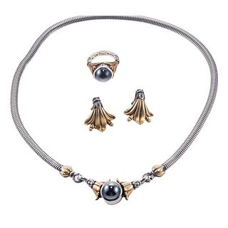 Lagos Caviar 18k Gold Silver Hematite Earrings Ring Necklace Set