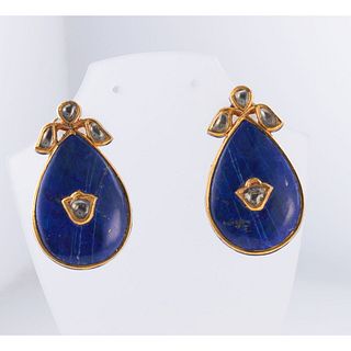 Mughal Indian High Karat Gold Lapis Diamond Enamel Earrings