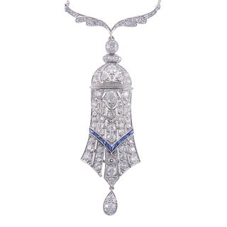 Art Deco Platinum Gold Diamond Sapphire Pendant Necklace