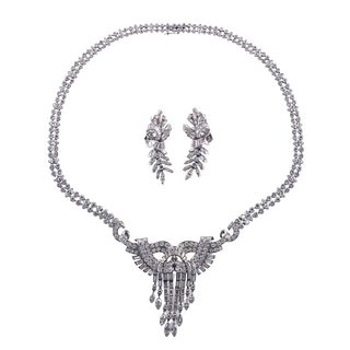 Mid Century 23 Carat Diamond Platinum Earrings Necklace Set