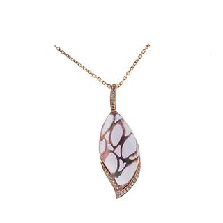 18k Gold Rose Quartz Diamond Pendant Necklace 