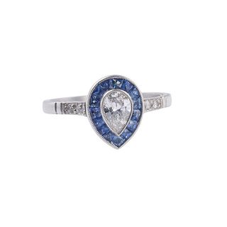 Platinum Pear Shaped Diamond Sapphire Ring 