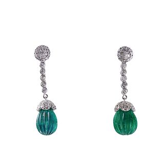 18k Gold Carved Emerald Diamond Drop Earrings
