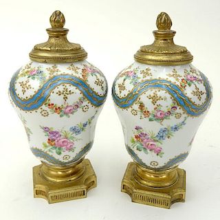 Pair 19th Century French Sevres Bronze Mounted Enamel Gilt Hand Painted Miniature Urns
