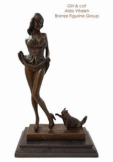 Girl & Cat, An Art Deco Style Aldo Vitaleh Signed Original Bronze Figurine Group