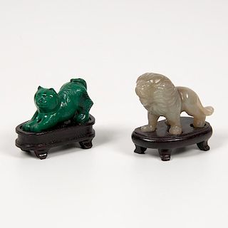 Small Carved Jade Lion and Malachite Cat