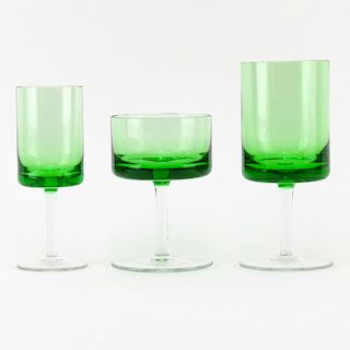 Grouping of Thirty Six (36) Mid Century Emerald Green to Clear Crystal Stemware