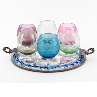 Vintage Seven (7) Piece Etched Venetian Glass Liquor Set