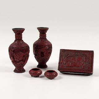 Red Cinnabar Lacquer Set, Lot of Five