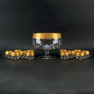 Vintage Mid Century Glass Punch Bowl Set With Gold Band Rim