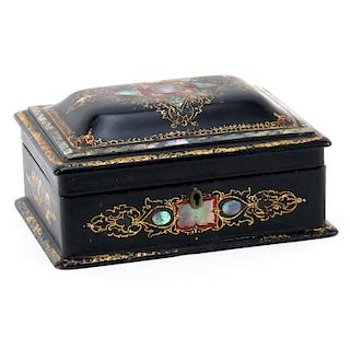 19th Century English Black Lacquered and Mother of Pearl Inlaid Stationary Box