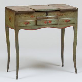 Louis XV Style Provincial Green Painted and Polychrome Decorated Dressing Table