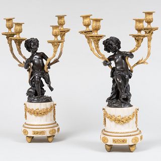Pair of Louis XVI Style Gilt-Metal, Bronze and Marble Four-Light Candelabra 