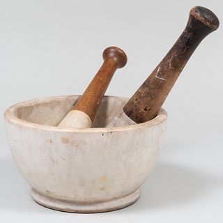 Rustic Hardstone Mortar and Two Hardstone and Wood Pestles