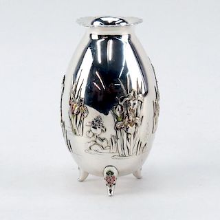 Antique Japanese Silver and Enamel High Relief Vase