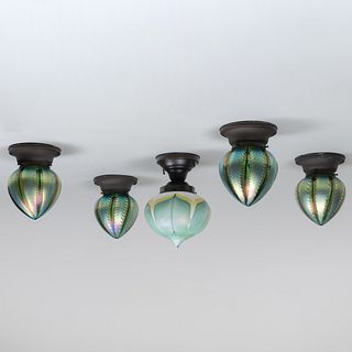 Group of Five Iridescent Green Glass Ceiling Lights
