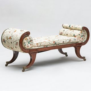 Regency Style Faux Mahogany Crewelwork Upholstered Window Bench with Chelsea Editions Fabric