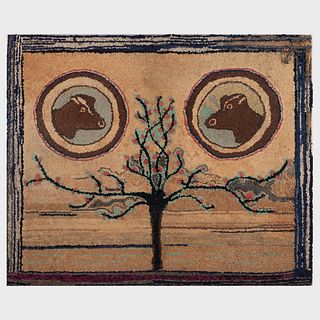 Two Hooked Rugs with a Pair of Cows and a Homestead Scene