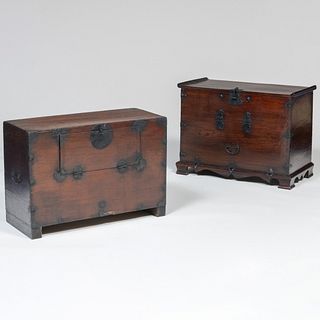 Two Korean Metal-Mounted Stained Wood Tanzu