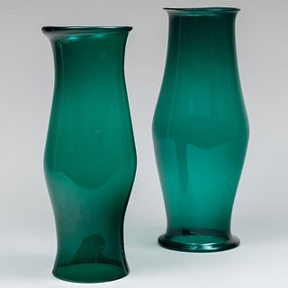 Two Large Green Glass Hurricane Shades