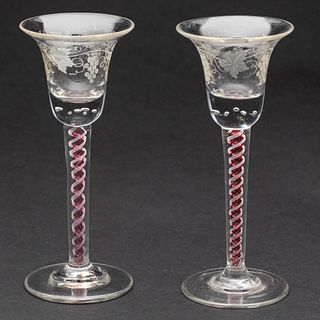Pair English Glasses w/ Red Air-Twist Stems, 18th C