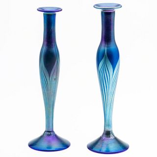 One Tiffany Favrile Glass Candlestick and Another