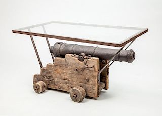 EARLY IRON CANNON, ON A LATER OAK CARRIAGE