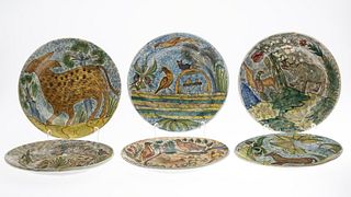 6 Faience European Plates Painted w/Animals