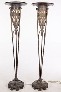 Pair Gilt Metal and Glass Art Deco Style Floor Lamps