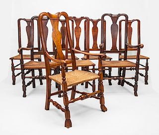 ASSEMBLED GROUP OF EIGHT WILLIAM AND MARY STYLE STAINED WALNUT AND CHERRY DINING CHAIRS